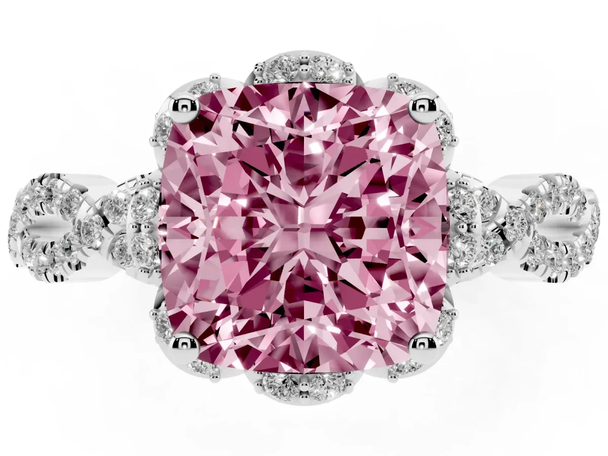 Fancy Pink Cushion Cut Halo Twist Band Solitaire Ring with Six-Prong Setting White gold