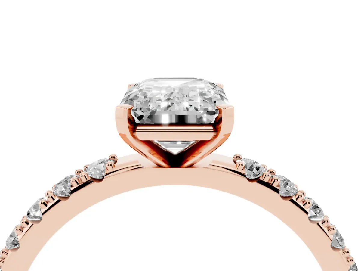 Emerald Cut Diamond Solitaire Pavé Band with Four-Prong Setting Rose gold