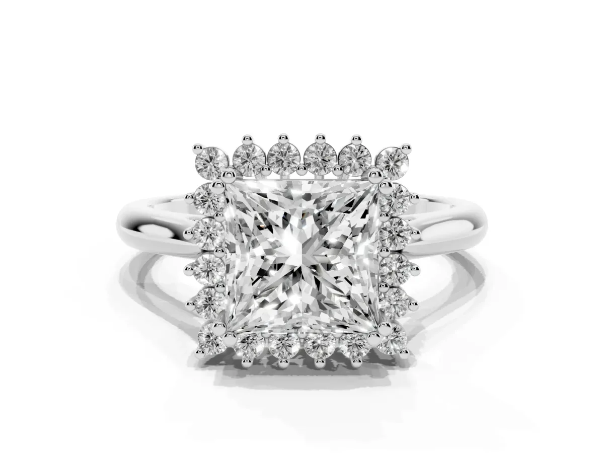 Princess Cut Cut Diamond Halo Ring with Solitaire Band and Prong Setting Silver