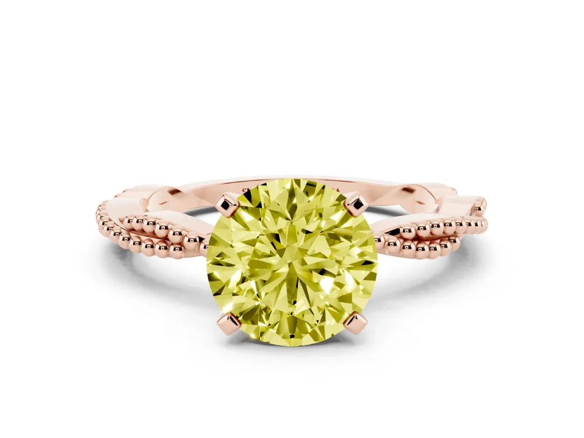 Fancy Yellow Round Cut Solitaire Twisted Band with Bead Prong Setting Rose gold