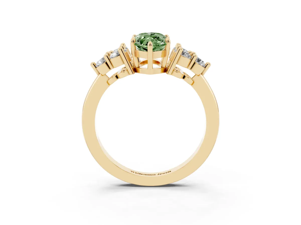 Fancy Green Marquise Cut Brilliant Diamond Cluster Accent Solitaire Ring with Prong Setting Yellow gold