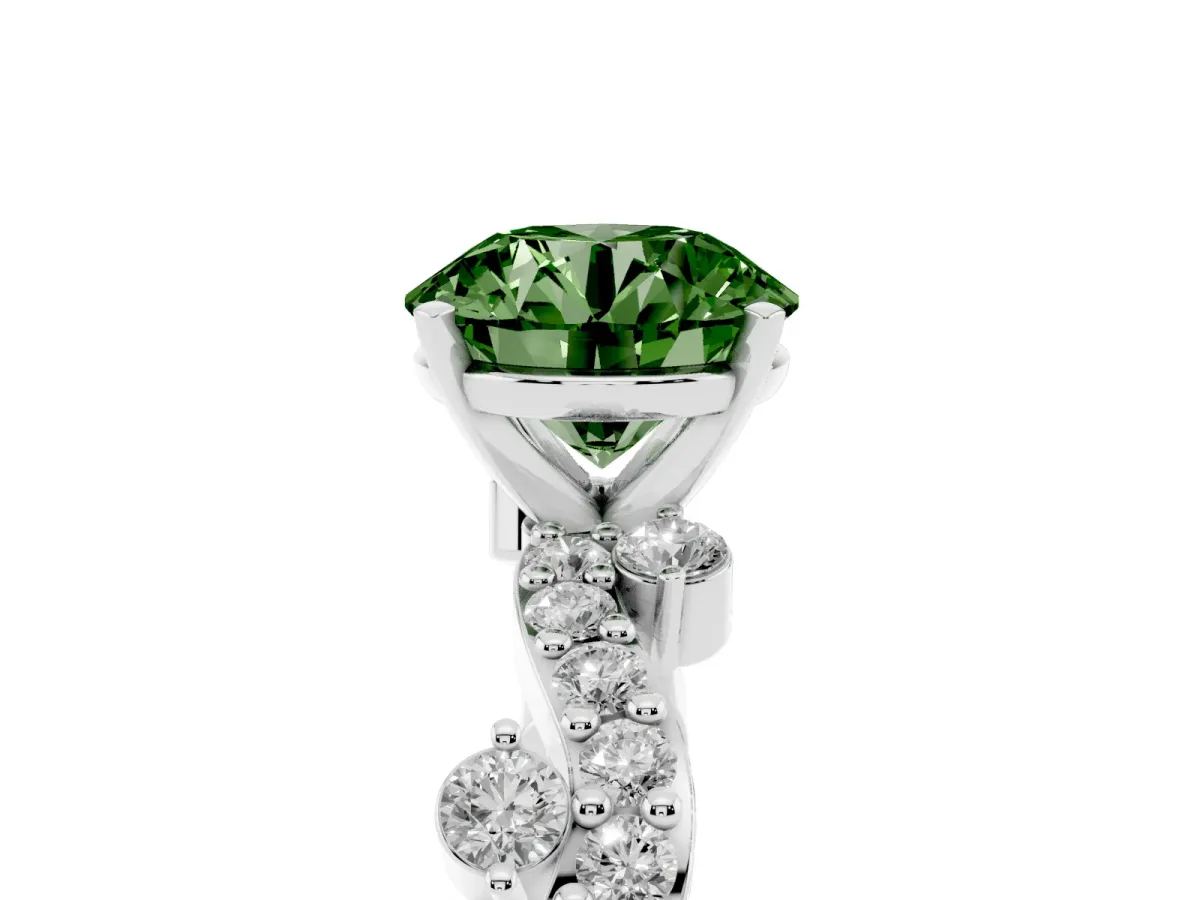 Fancy Green Round Cut Cut Solitaire Diamond Twisted Band with Pave Setting Silver