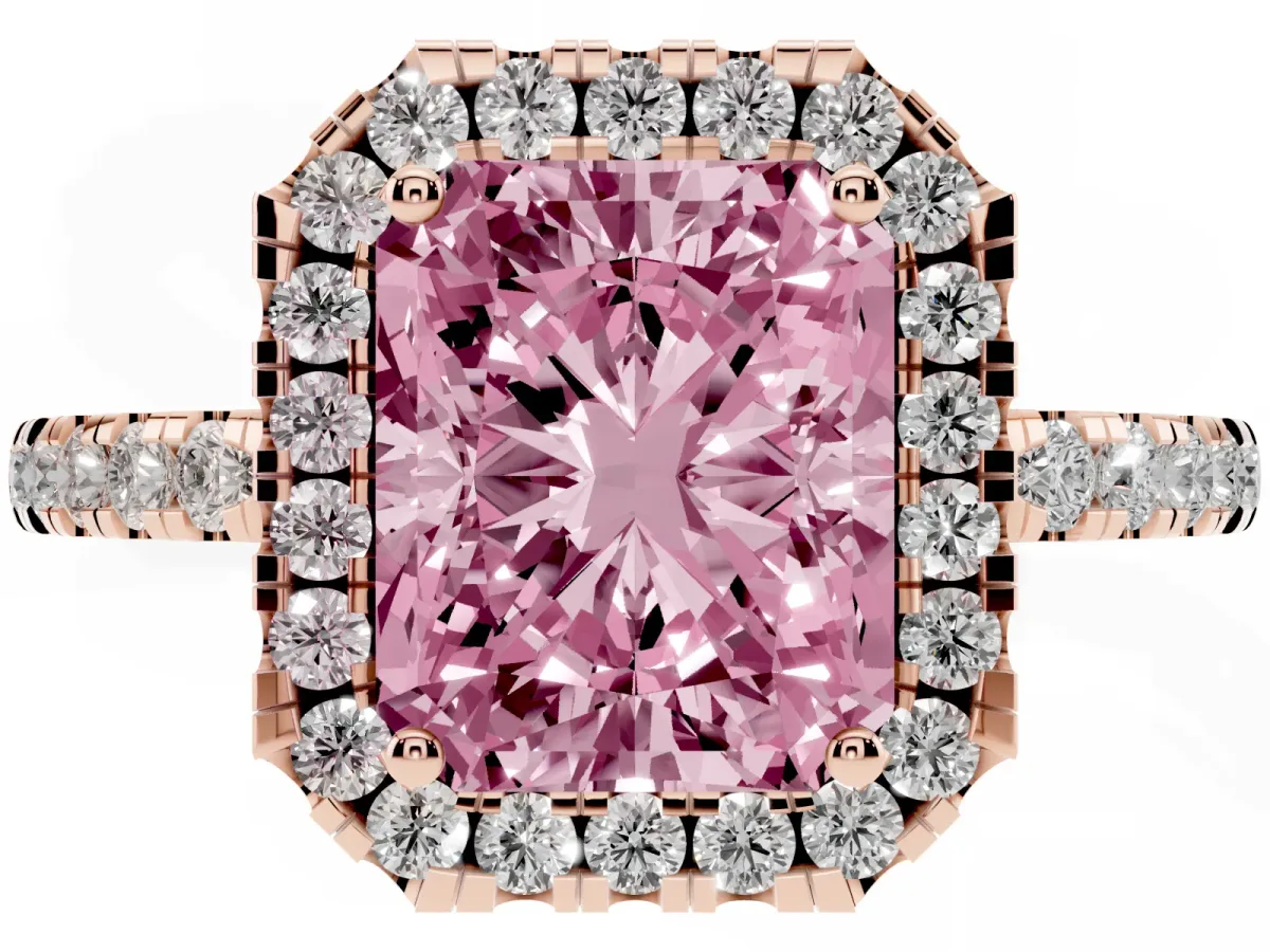 Fancy Pink Radiant Cut Halo Diamond Engagement Ring with Pavé Band and Four-Prong Setting Rose gold
