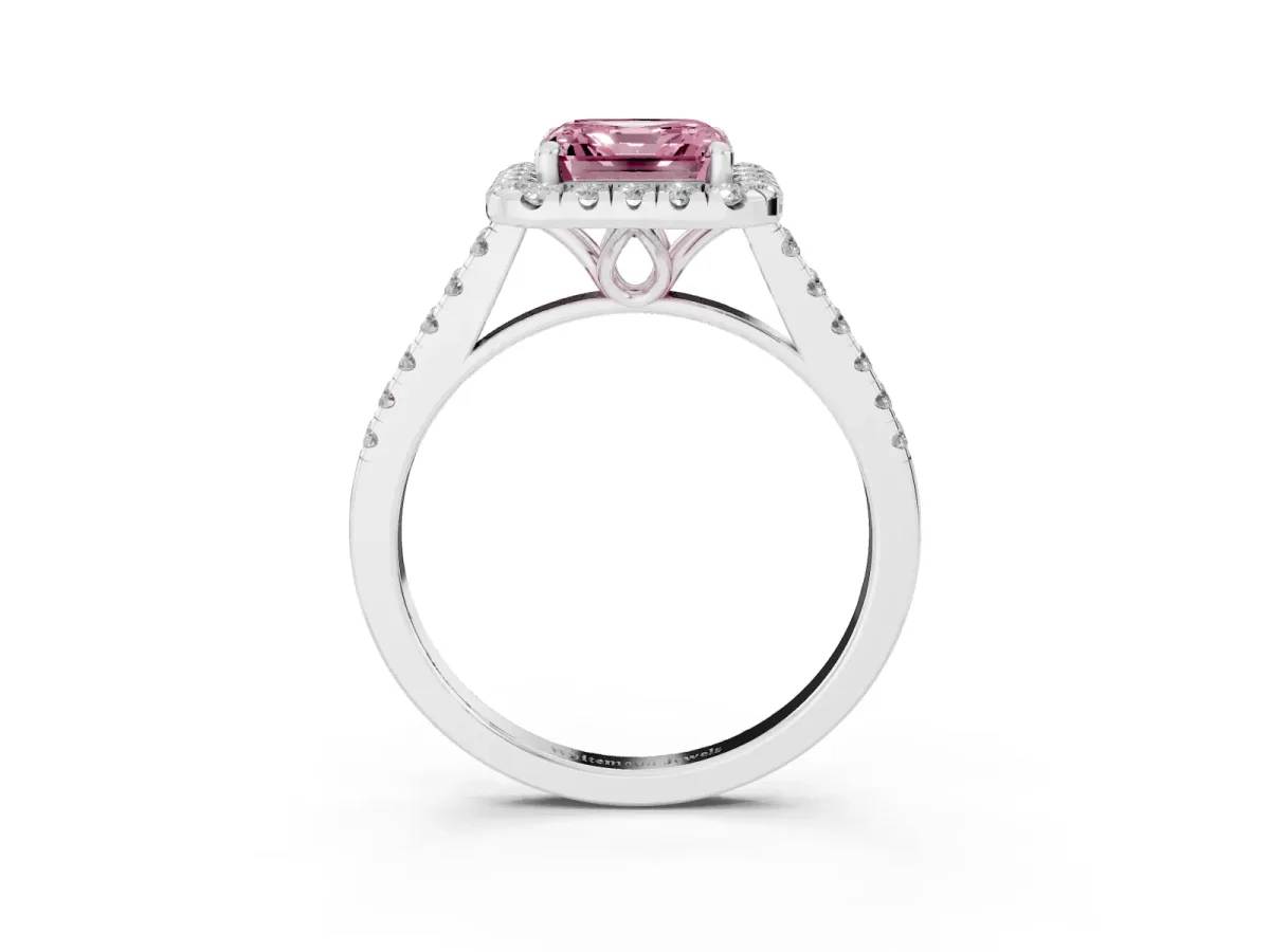Fancy Pink Asscher Cut Halo Pavé Diamond Engagement Ring with Four-Prong Setting Silver