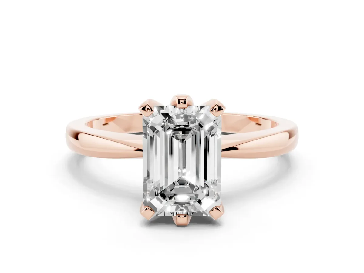 Emerald Cut Solitaire Engagement Ring with Six-Prong Setting and Tapered Band Rose gold
