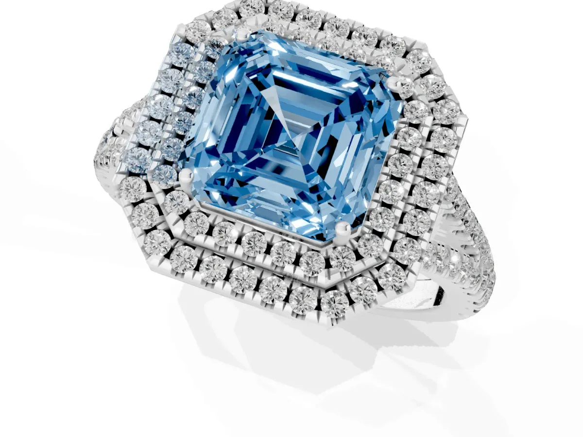 Fancy Blue Asscher Cut Diamond Double Halo Ring with Pavé Band and Prong Setting Platinum