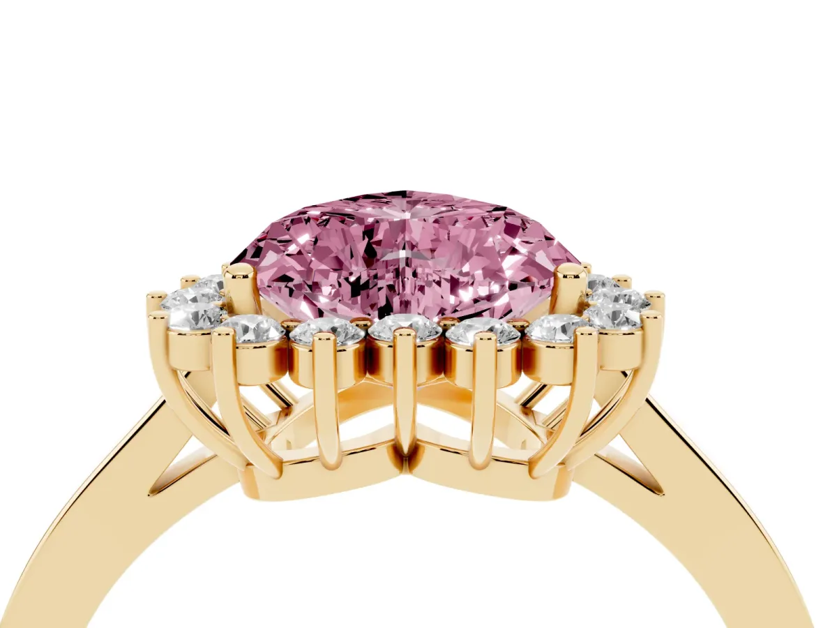 Fancy Pink Heart Cut Cut Diamond Halo Ring with Round Brilliant Halo and Solitaire Band Yellow gold