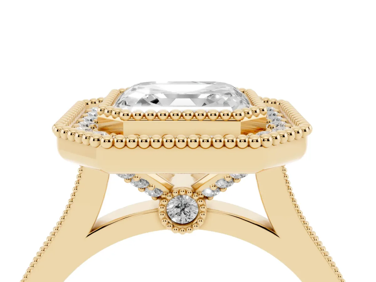 Asscher Cut Diamond Halo Ring with Milgrain Frame and Pavé Band Yellow gold