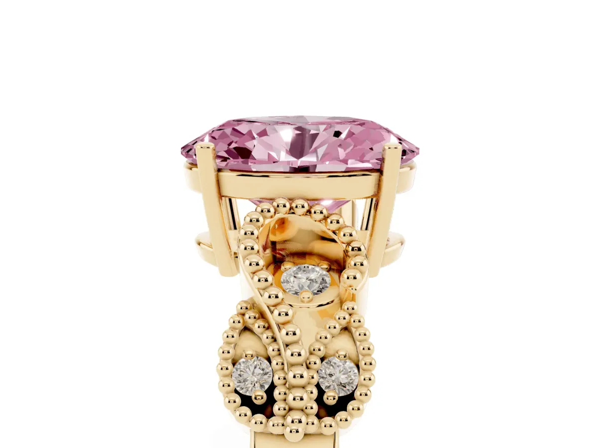 Fancy Pink Oval Cut Solitaire Milgrain Leaf Band with Prong Setting Yellow gold