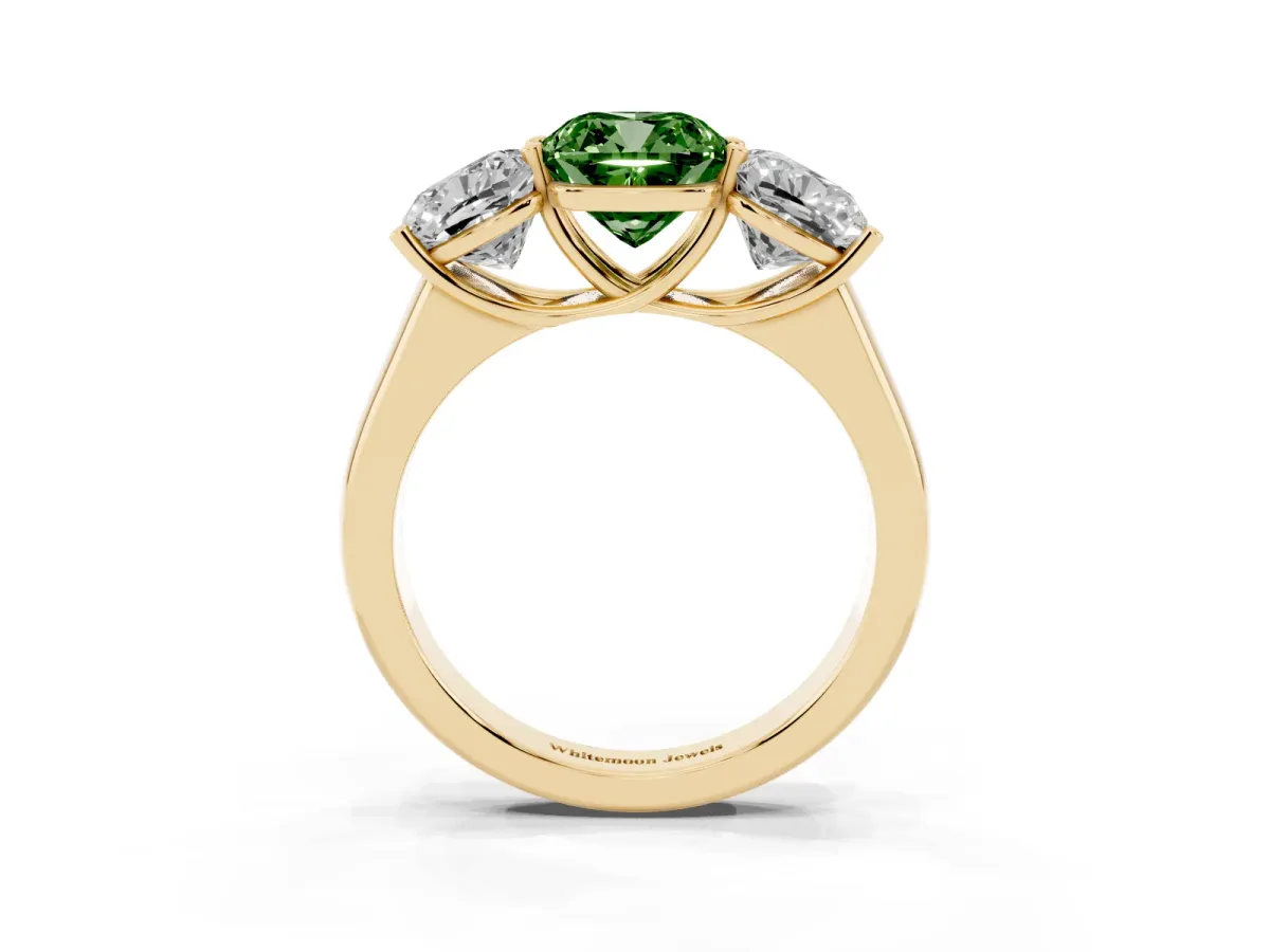 Fancy Green Cushion Cut Three-Stone Diamond Ring with Prong Setting on a Classic Band Yellow gold