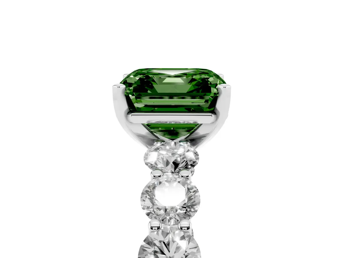 Fancy Green Asscher Cut Diamond Prong Setting with Side Stones on a Pave Band Silver