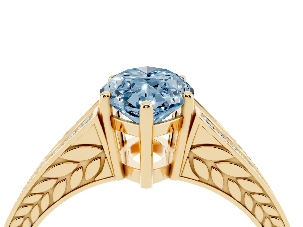 Fancy Blue Marquise Cut Diamond Split Shank Ring with Pavé Band and Four-Prong Setting Yellow gold