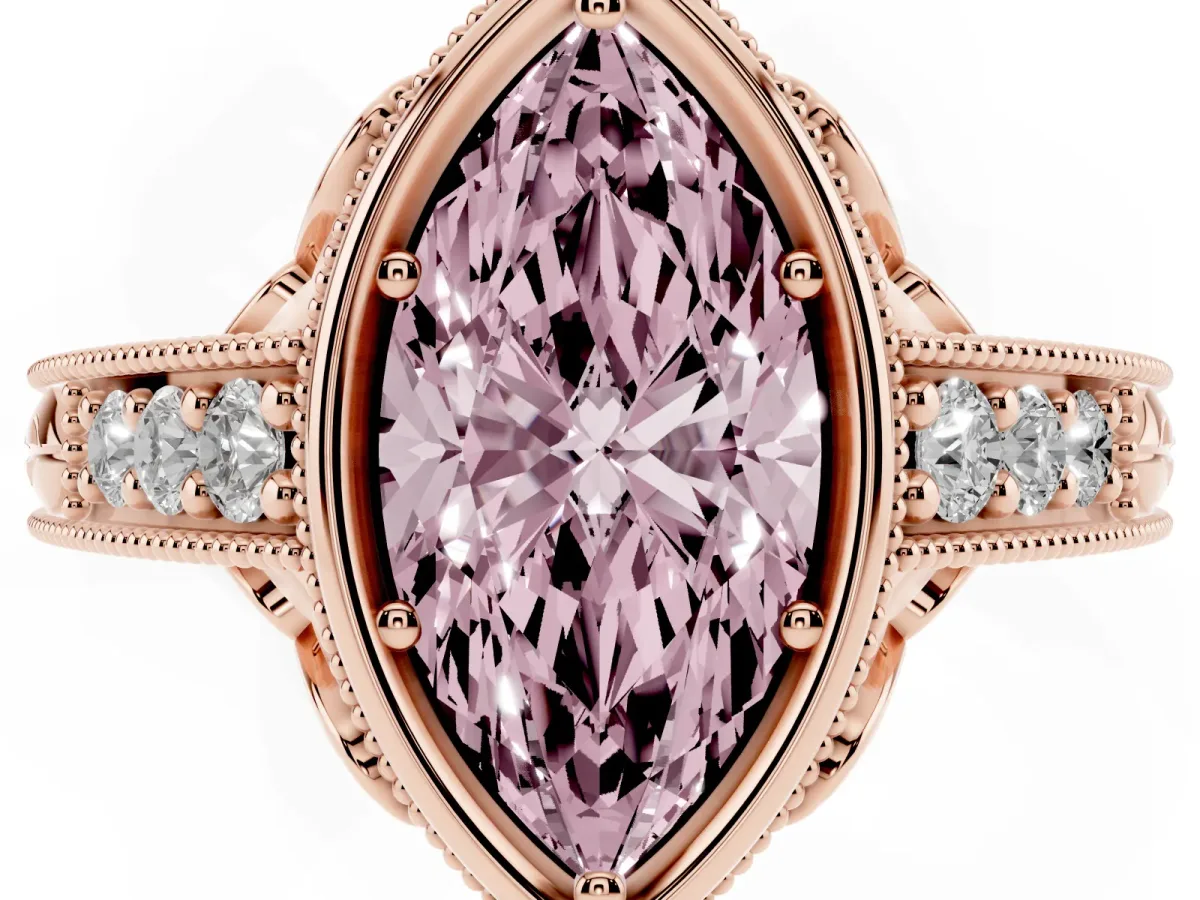 Fancy Pink Bezel Set Marquise Cut Diamond Milgrain Pave Engagement Ring Rose gold