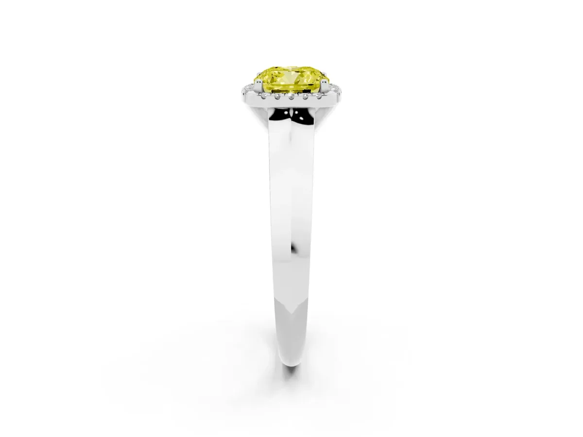 Fancy Yellow Cushion Cut Halo Diamond Ring with Cathedral Band and Four-Prong Setting Silver