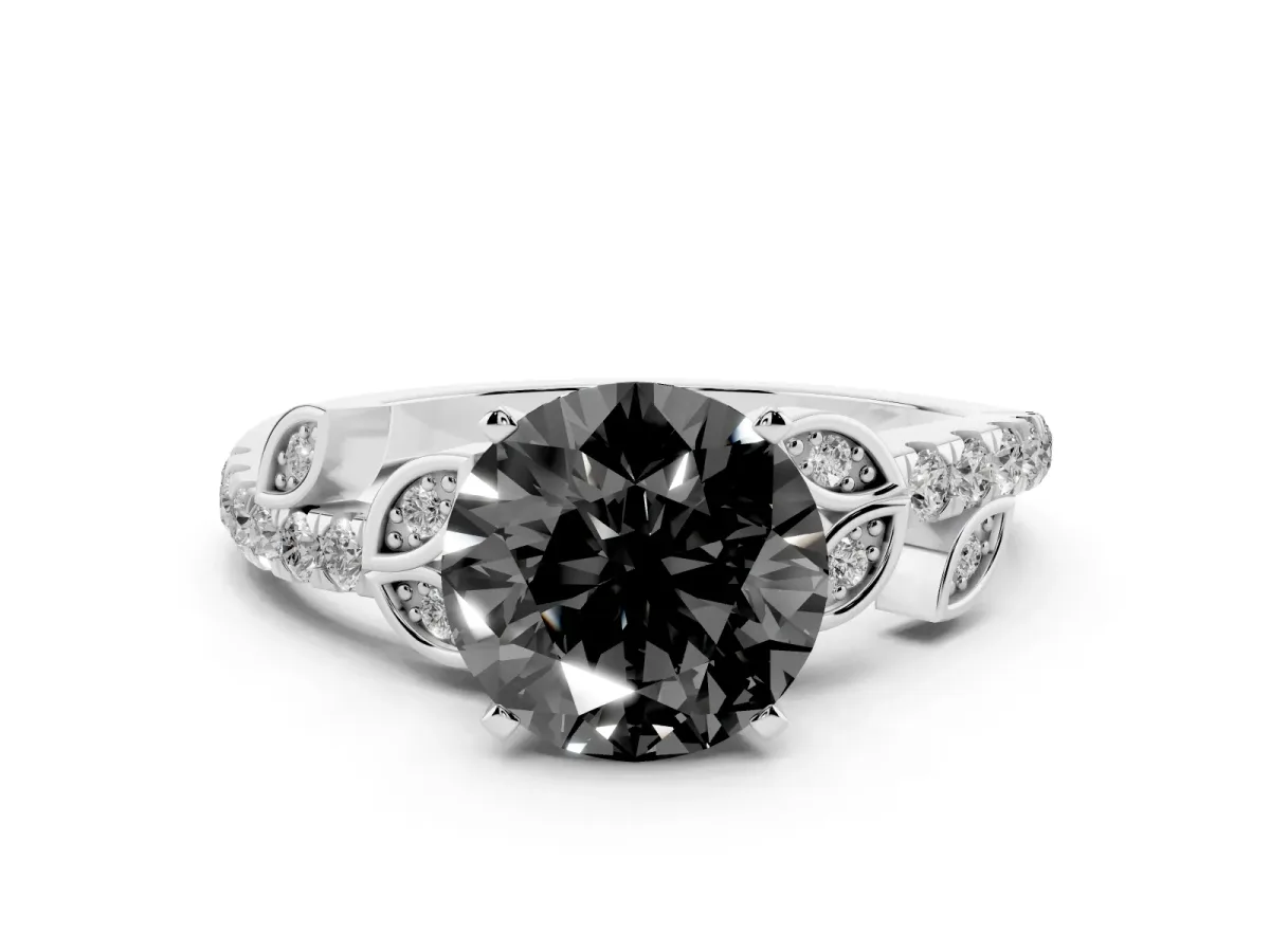 Fancy Black Round Cut Solitaire Leaf-Inspired Diamond Ring with Pavé Band and Four-Prong Setting Silver
