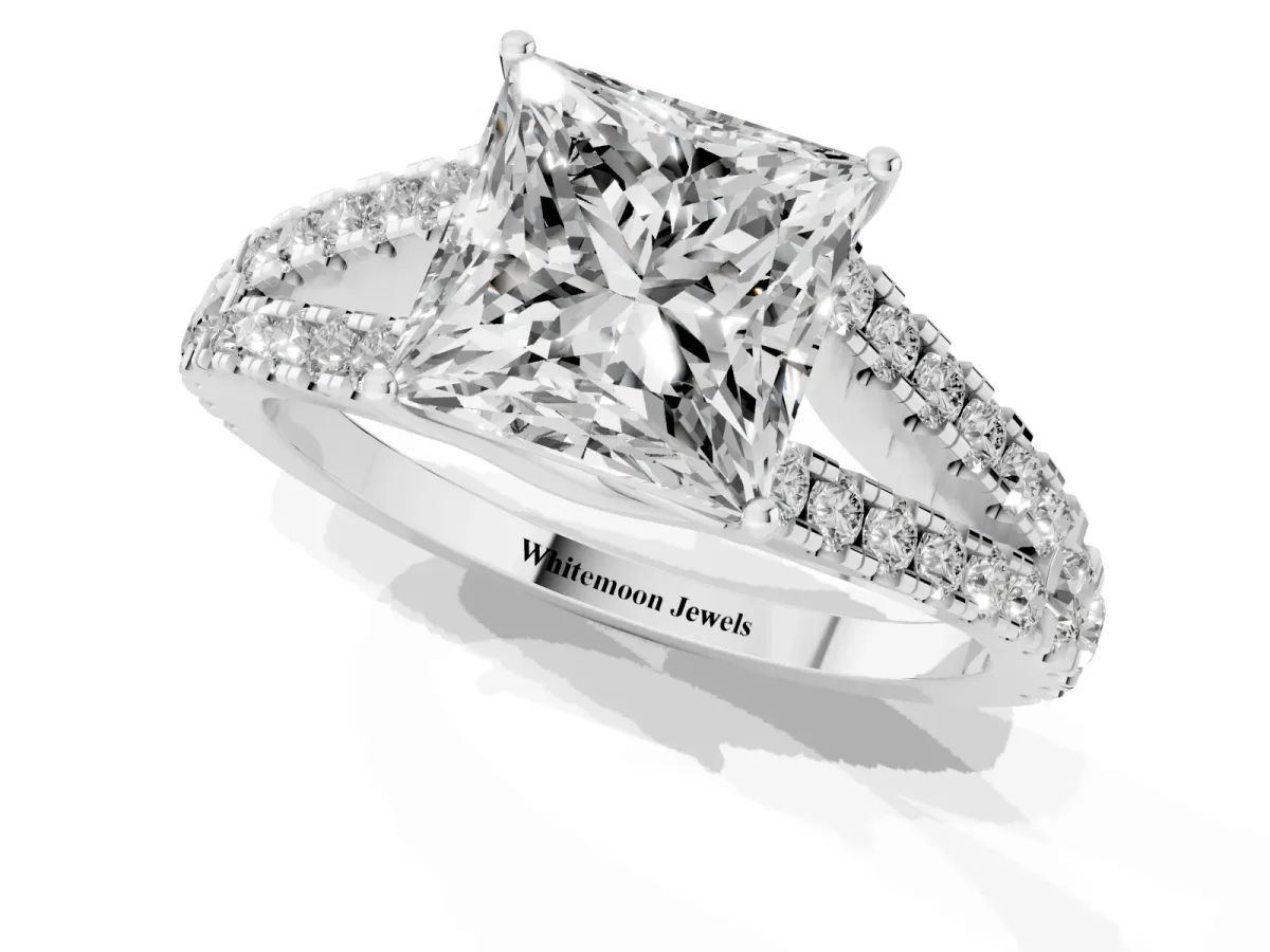 Princess Cut Diamond Split Shank Pavé Engagement Ring with Four-Prong Setting White gold