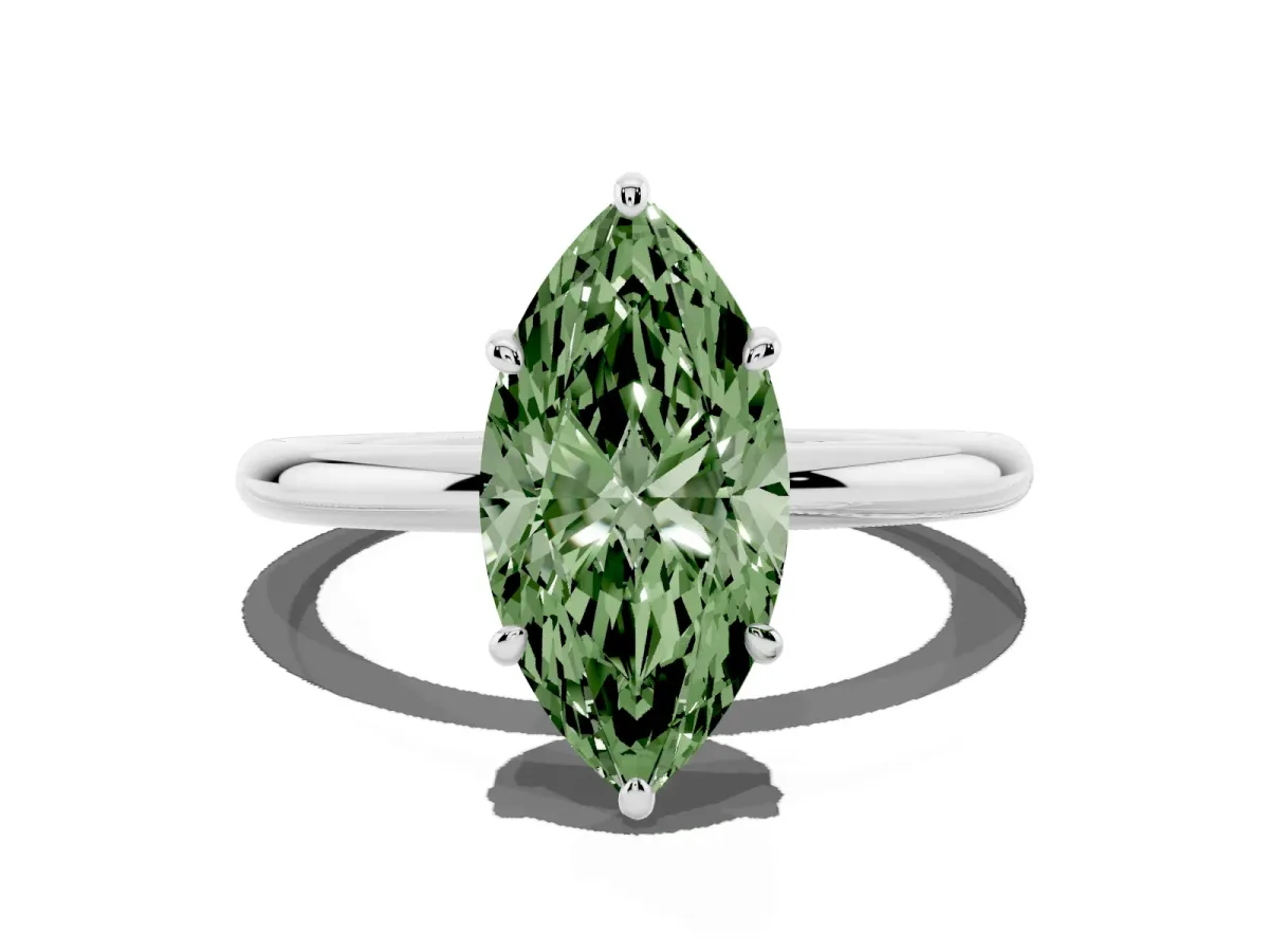 Fancy Green Marquise Cut Solitaire Diamond Ring with Four-Prong Setting on a Plain Band Silver