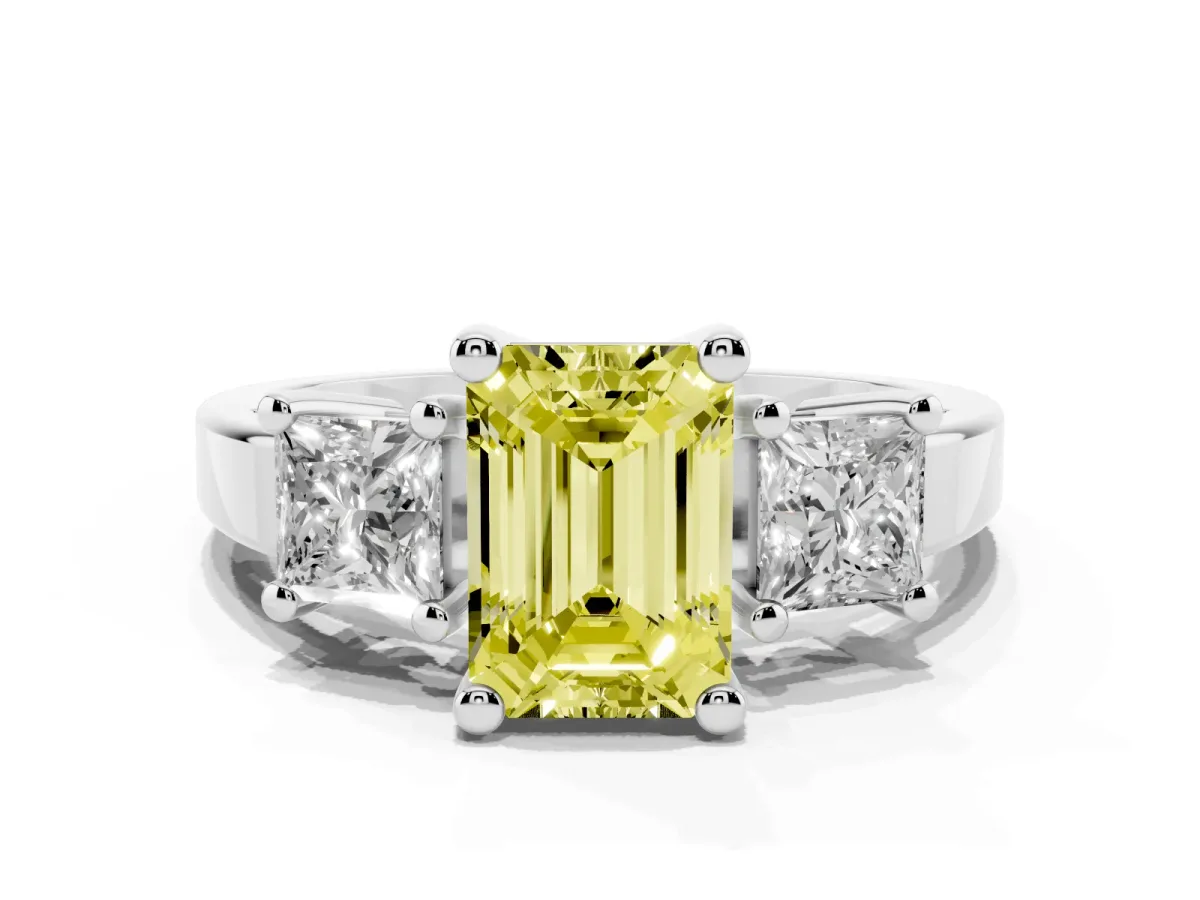 Fancy Yellow Three-Stone Emerald Cut Cut Solitaire Ring with Prong Setting Platinum