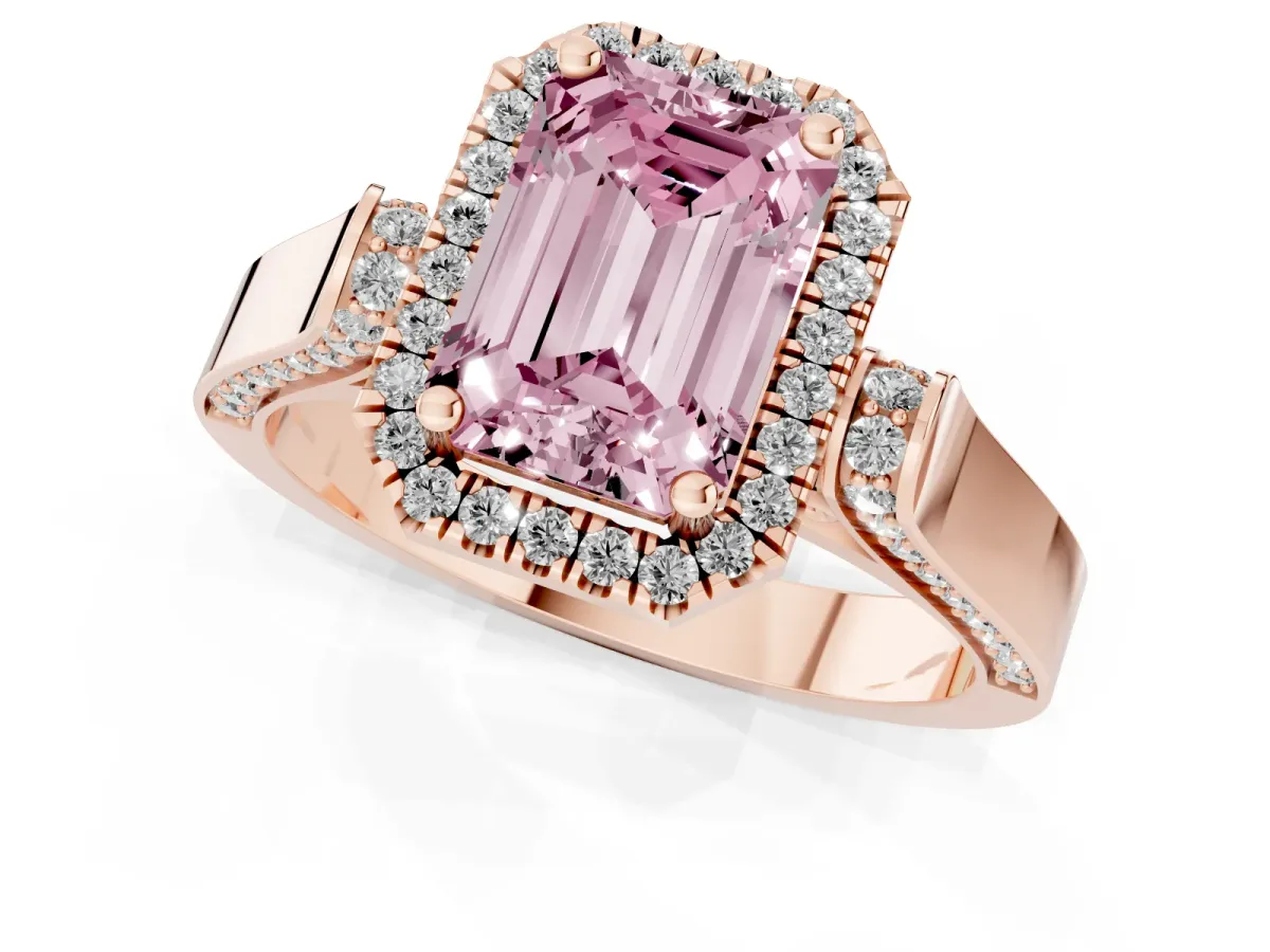 Fancy Pink Emerald Cut Halo Pave Split Shank Prong Setting Ring Rose gold