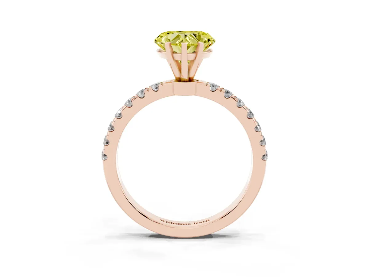 Fancy Yellow Heart Cut Diamond Solitaire Ring with Pavé Accents and Four-Prong Setting Rose gold