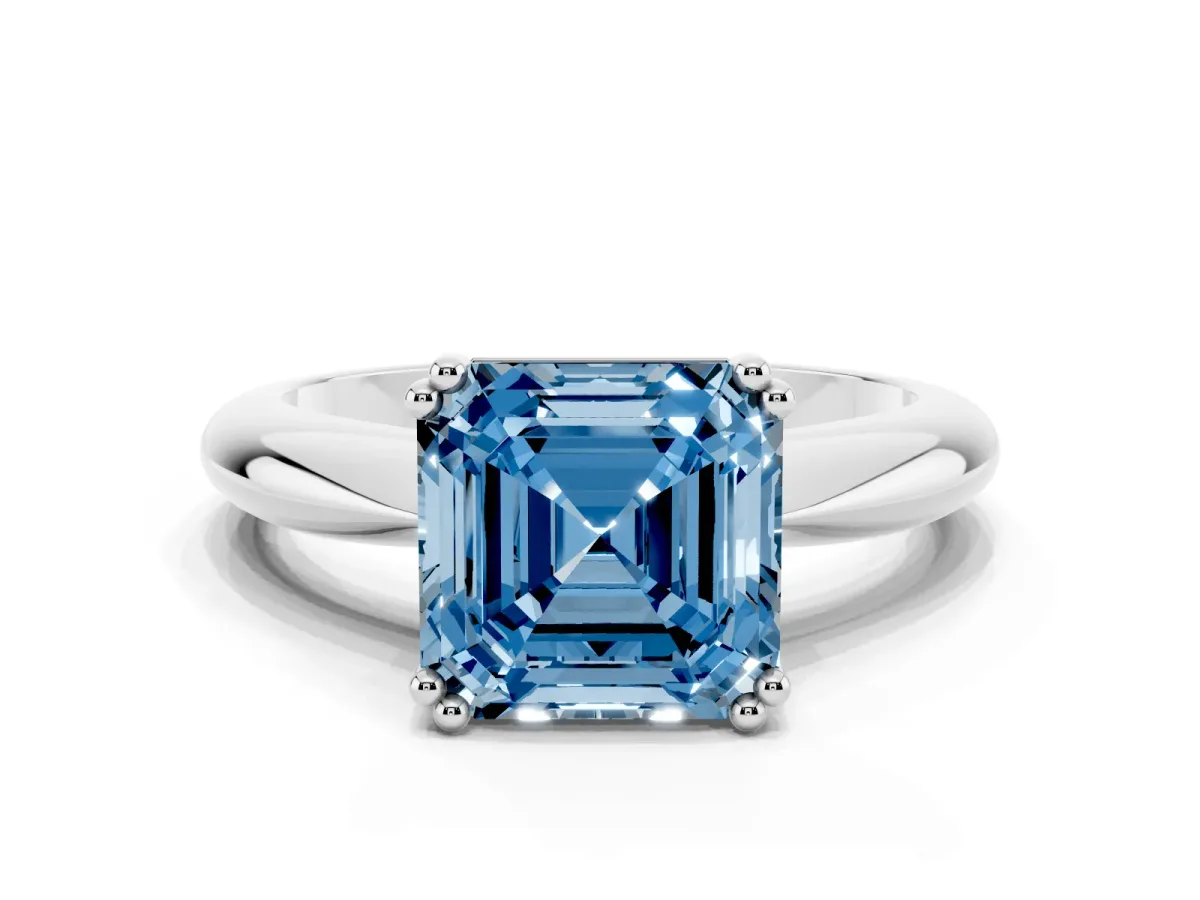 Fancy Blue Asscher Cut Cut Solitaire Engagement Ring with Tapered Band and Four-Prong Setting Platinum