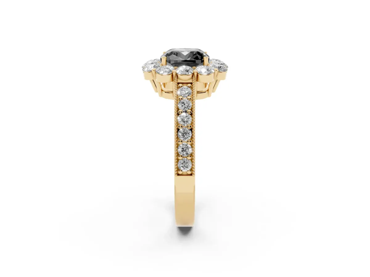 Fancy Black Cushion Cut Cut Halo Diamond Pavé Engagement Ring with Milgrain Detailing Yellow gold