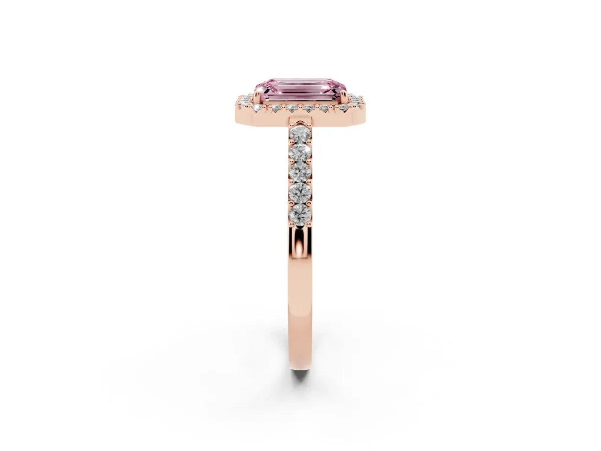 Fancy Pink Emerald Cut Halo Diamond Pavé Solitaire Ring Rose gold