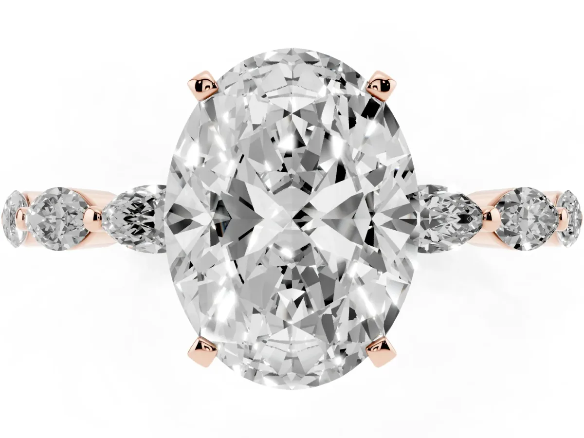 Oval Cut Diamond Ring with Marquise Side Stones and Prong Setting Rose gold