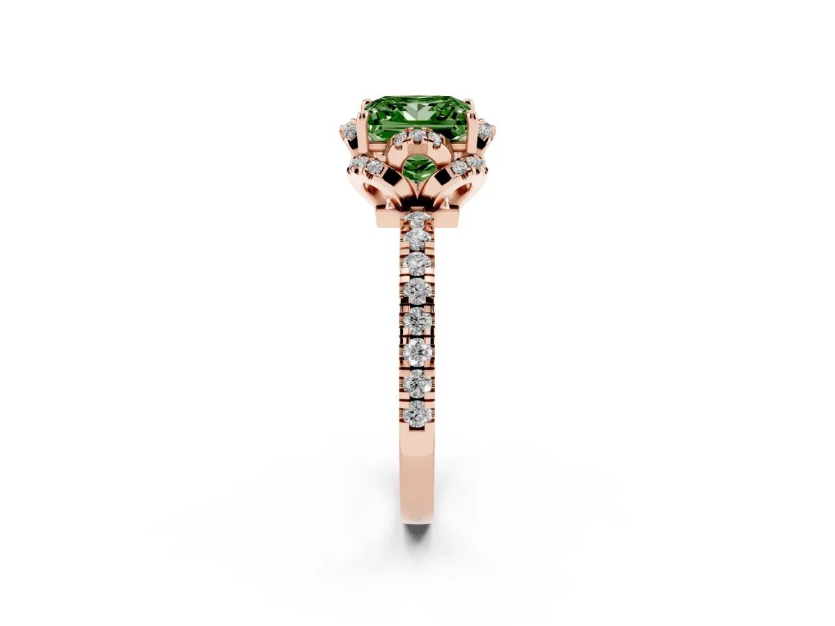 Fancy Green Princess Cut Diamond Halo Pave Band with Four-Prong Setting Rose gold