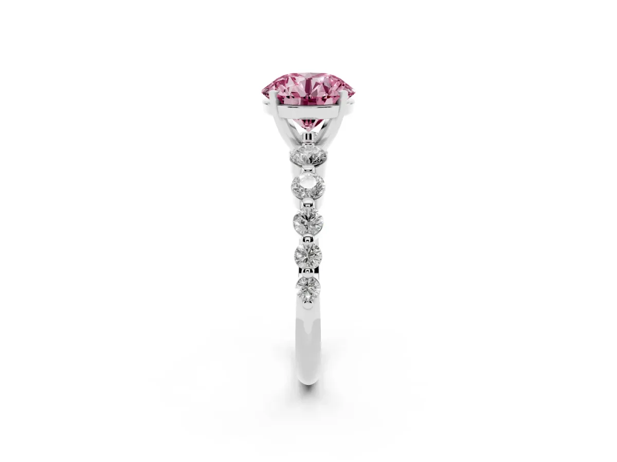 Fancy Pink Round Cut Solitaire Diamond Ring with Pave Band and Four-Prong Setting Platinum