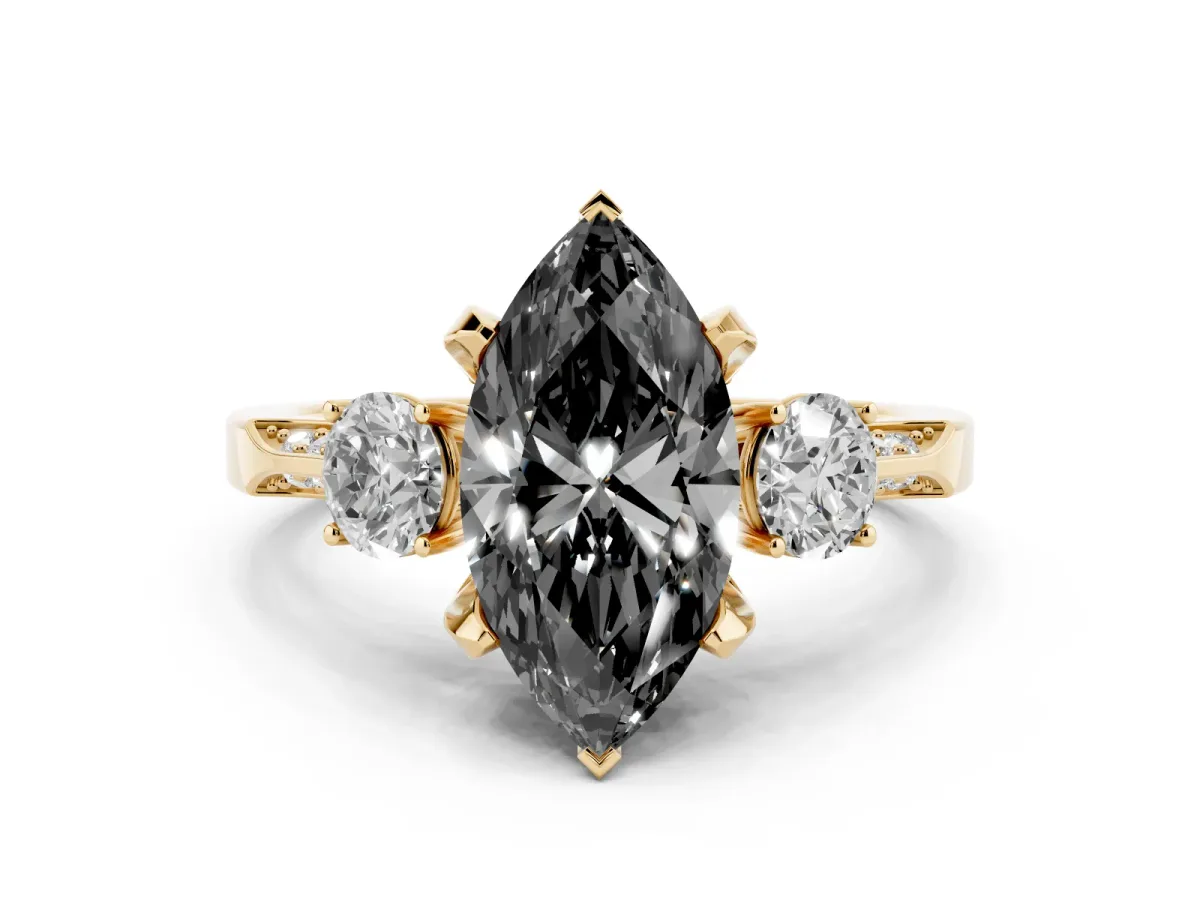 Fancy Black Marquise Cut Brilliant Three-Stone Diamond Ring with Pavé Band and Four-Prong Setting Yellow gold