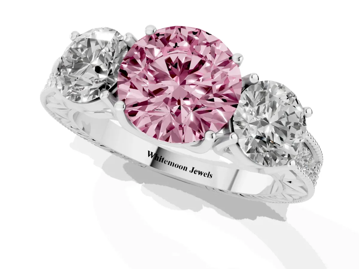 Fancy Pink Three-Stone Round Cut Cut Milgrain Pavé Engagement Ring Silver