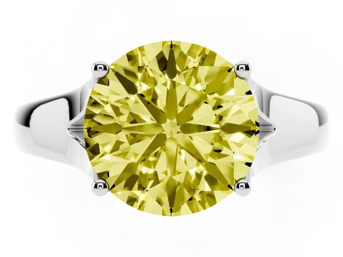 Fancy Yellow Round Cut Solitaire Diamond Ring with Cathedral Band and Four-Prong Setting Platinum