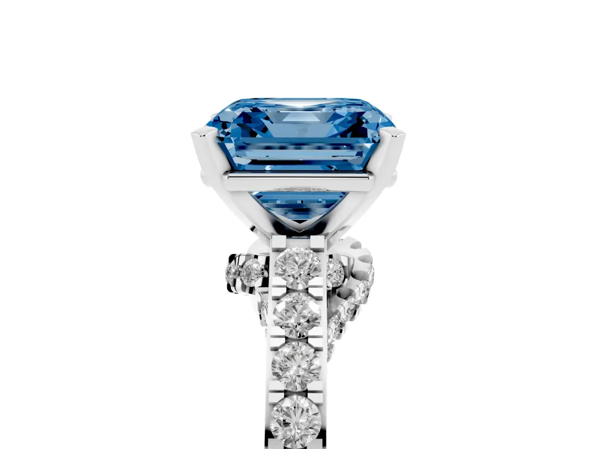 Fancy Blue Asscher Cut Diamond Solitaire Ring with Crossover Gallery and Round Pavé Band Platinum