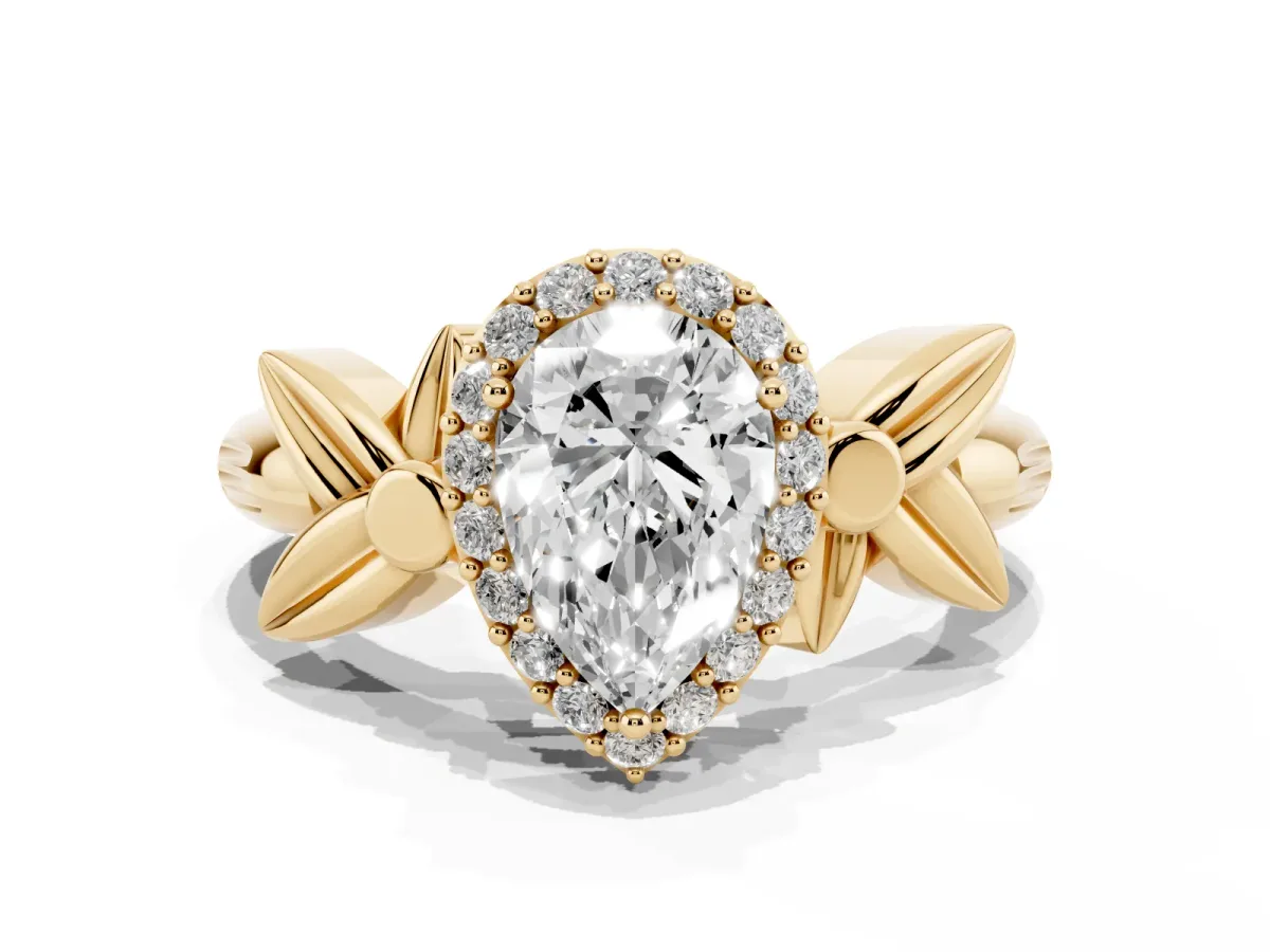 Pear Cut Halo Diamond Floral Band with Four-Prong Setting Yellow gold