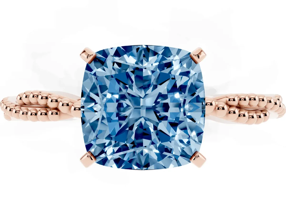 Fancy Blue Cushion Cut Solitaire Twisted Band with Bead Prong Setting Rose gold
