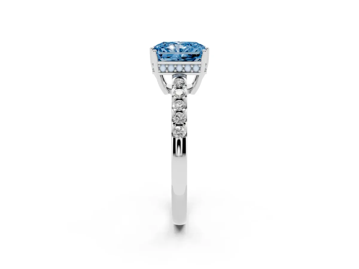 Fancy Blue Radiant Cut Solitaire Diamond Engagement Ring with Pavé Band and Six-Prong Setting Silver