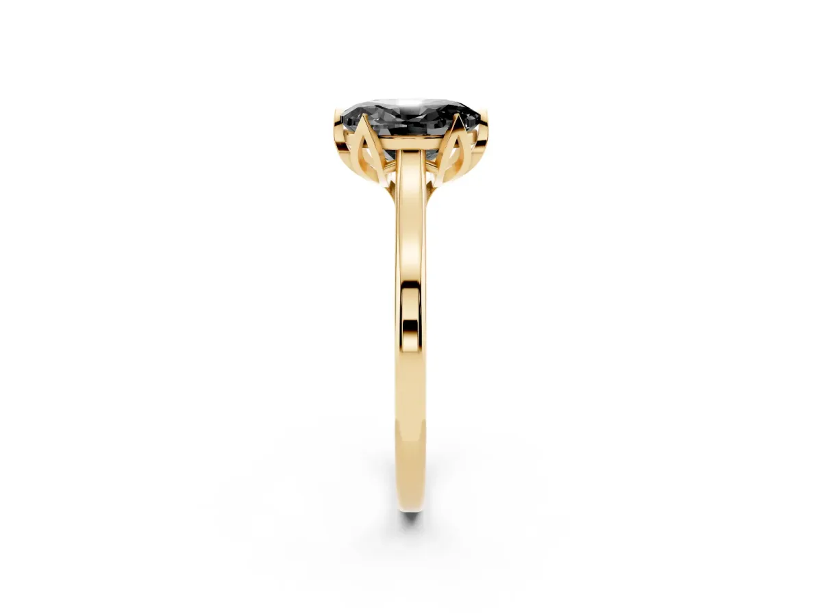 Fancy Black Oval Cut Diamond Solitaire Ring with Flower Prong Setting and Classic Band Yellow gold