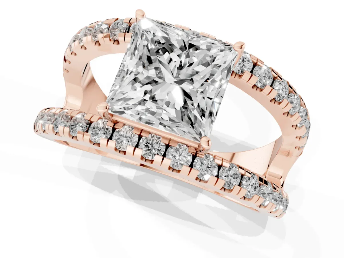 Princess Cut Solitaire Split Shank Pave Diamond Ring Rose gold