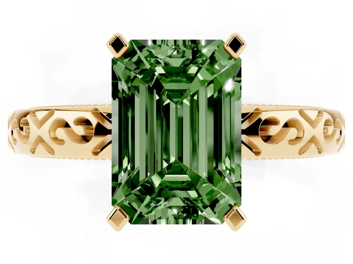 Fancy Green Emerald Cut Solitaire Engagement Ring with Scrollwork Band and Four-Prong Setting Yellow gold