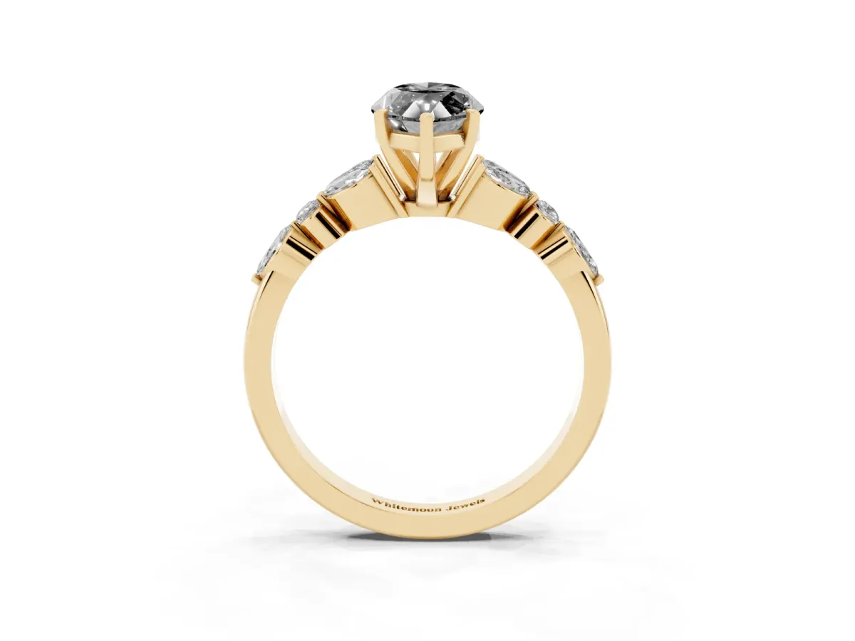 Fancy Black Marquise Cut Diamond Solitaire Ring with Side Stones and Four-Prong Setting Yellow gold