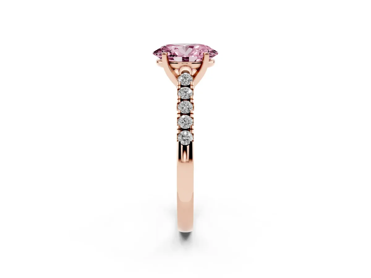 Fancy Pink Oval Cut Diamond Pavé Band Solitaire Ring with Prong Setting Rose gold
