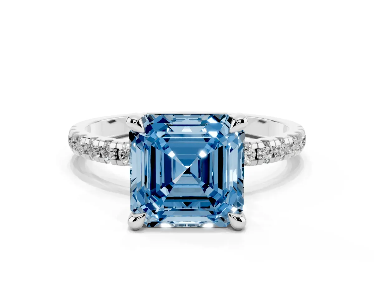 Fancy Blue Asscher Cut Diamond Brilliant Solitaire Ring with Pavé Band and Four-Prong Setting White gold