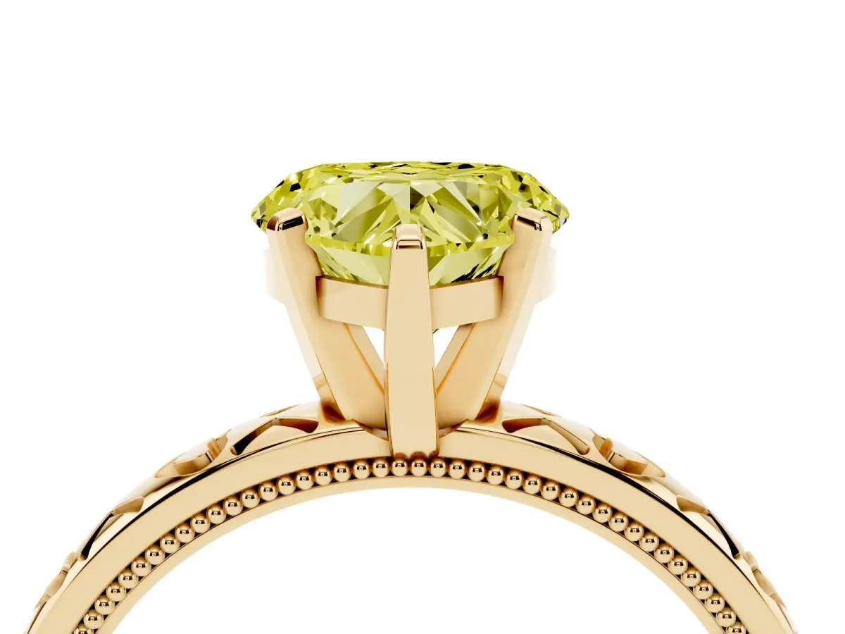 Fancy Yellow Heart Cut Solitaire Diamond Engagement Ring with XO Engraved Band and Four-Prong Setting Yellow gold