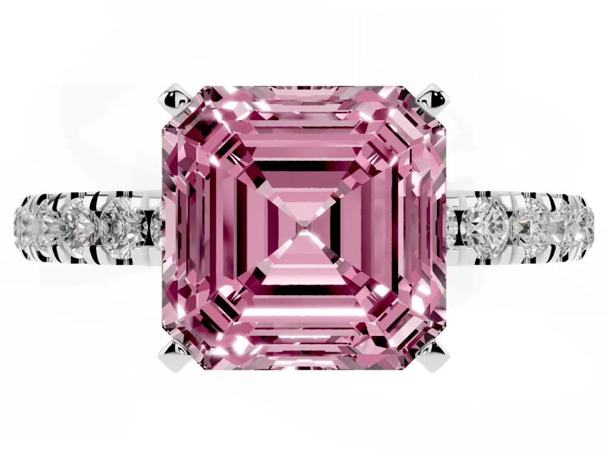 Fancy Pink Asscher Cut Diamond Solitaire Ring with Pavé Accents and Four-Prong Setting Platinum
