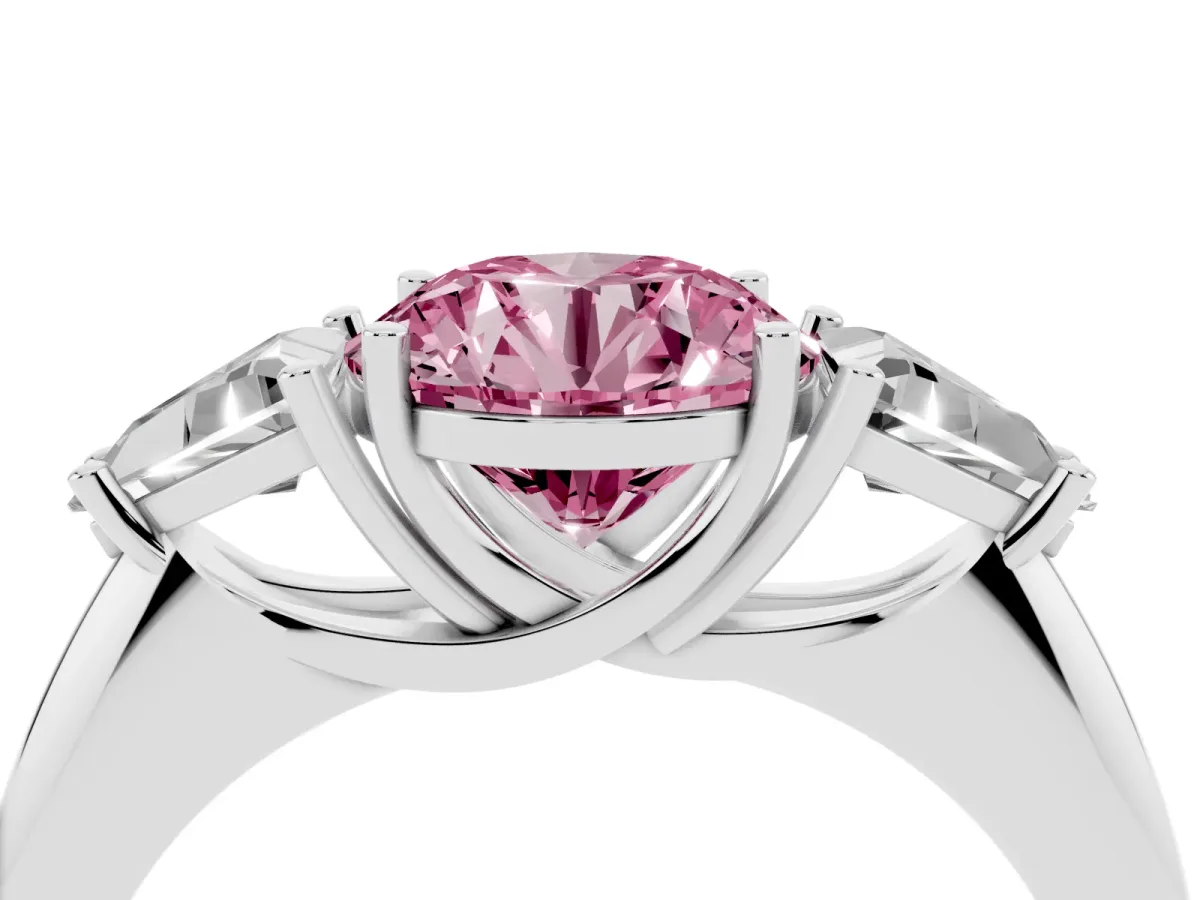 Fancy Pink Three-Stone Round Cut Diamond Engagement Ring with Trillion Side Stones and Prong Setting Silver