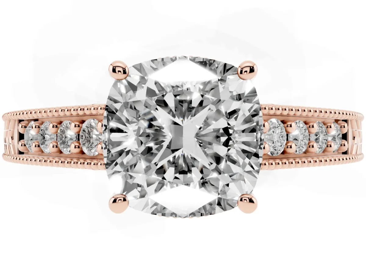 Cushion Cut Solitaire Pavé Diamond Milgrain Engagement Ring with Four-Prong Setting Rose gold