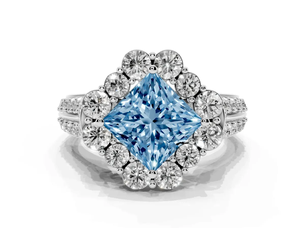Fancy Blue Princess Cut Halo Diamond Engagement Ring with Split Shank and Prong Setting Silver