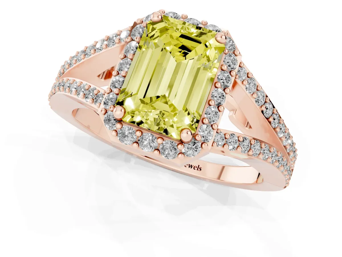 Fancy Yellow Emerald Cut Halo Split Shank Pave Diamond Ring with Four-Prong Setting Rose gold