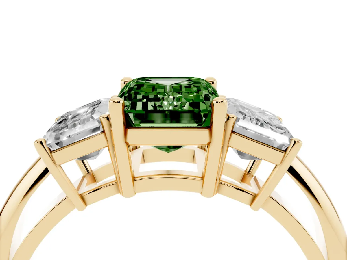 Fancy Green Three-Stone Emerald Cut Cut Diamond Engagement Ring with Prong Setting on a White Gold Band Yellow gold